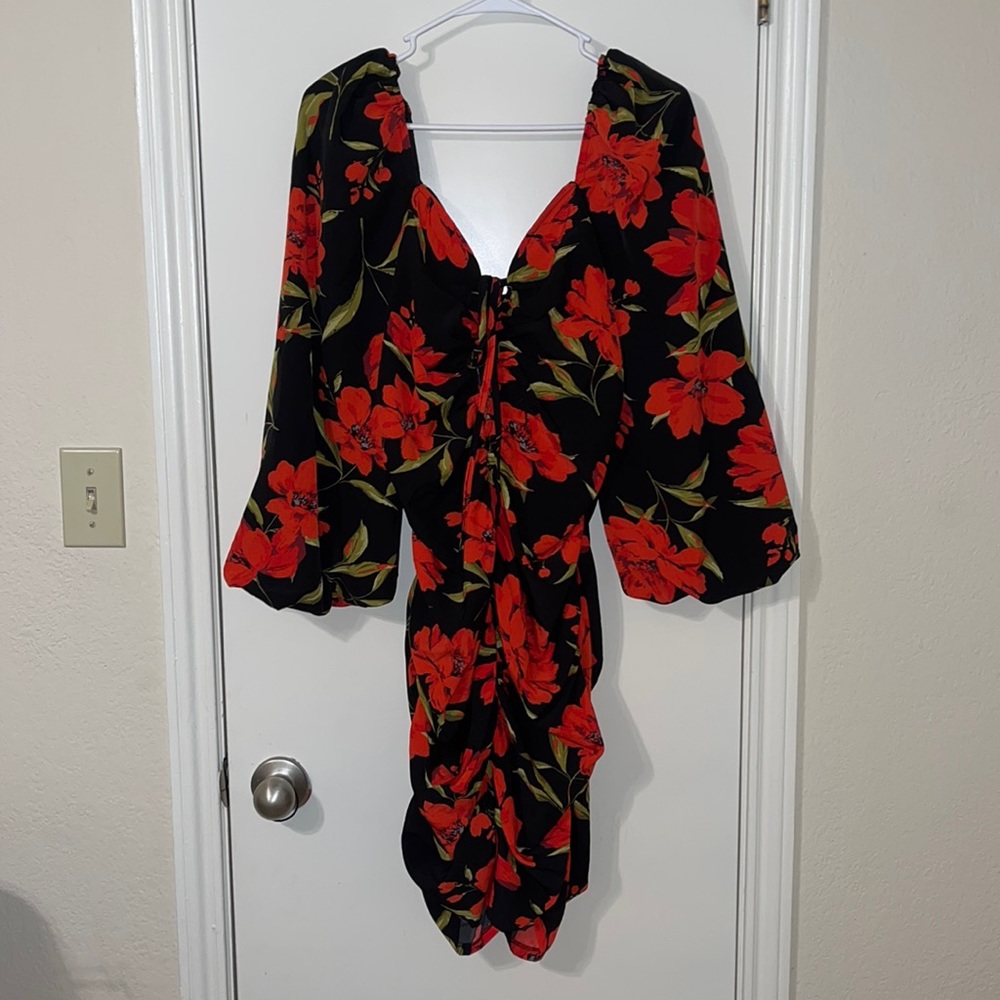 Ruched mini floral dress, never worn. New with tags. Size 12